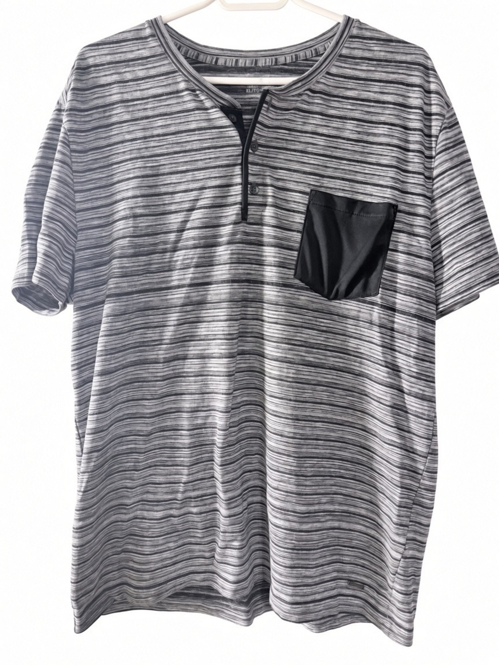 Express Gray Striped Short-Sleeve Henley with Black Pocket